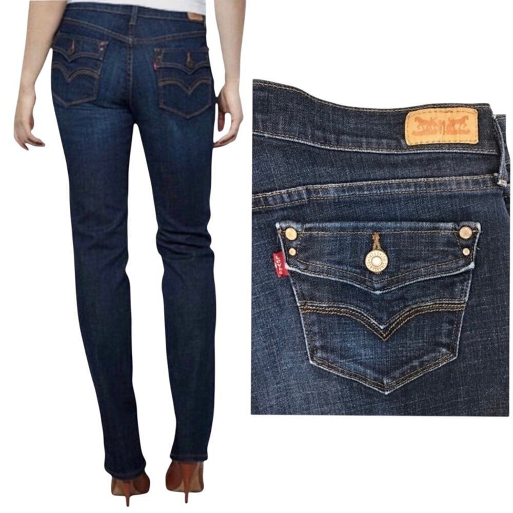 Levi’s Wmns Sz 28x32 505 Straight Leg Dark Wash Jeans w Faux-Flap Pockets Casual